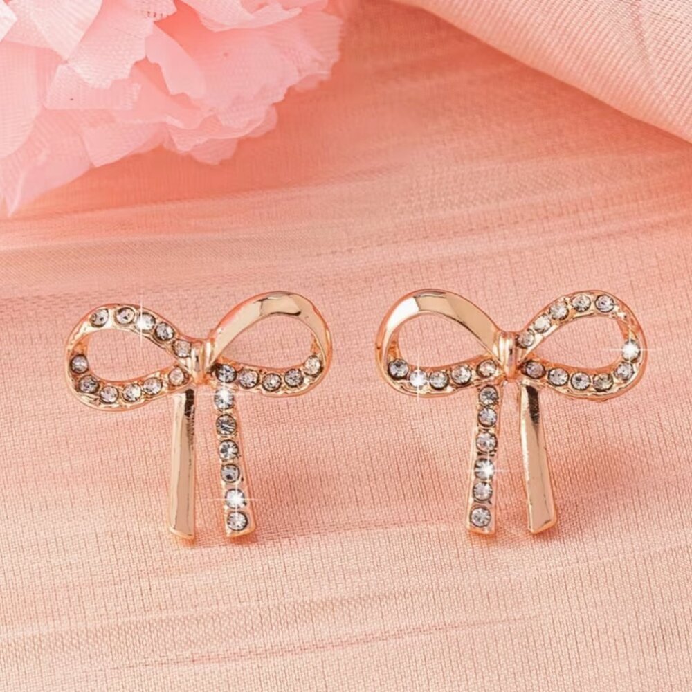 NEW - Pair of rose gold bow earrings, Rhinestone stud earrings, bow jewelry